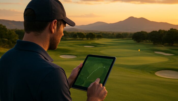 Focused golfer reviews stats on tablet at Pretoria Country Club fairway with mountains at dusk