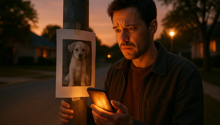Worried owner posts lost-pet flyers on lamppost while viewing viral social media alerts on smartphone at dusk.