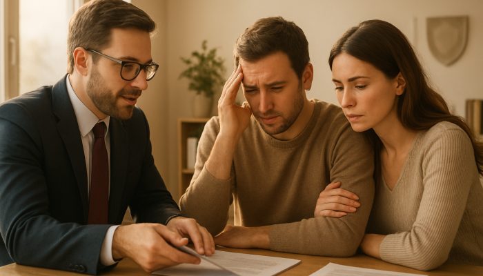 UK debt advisor assisting concerned couple with documents in a sunlit office
