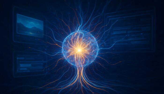 Luminous neural orb fusing text, images, and videos into radiant threads for futuristic Google MUM search.