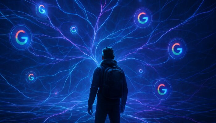 Tech explorer navigating luminous neural maze of Google icons guided by MUM algorithm threads in cyberpunk blues.
