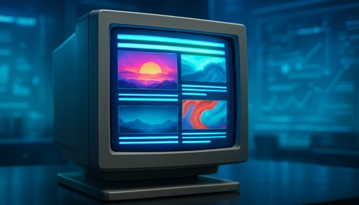 Vintage screen showing outdated webpage revitalized with vibrant images, videos, and expanded text in futuristic workspace.