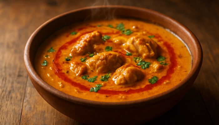 Steaming bowl of West African groundnut soup with chicken and herbs on wooden table