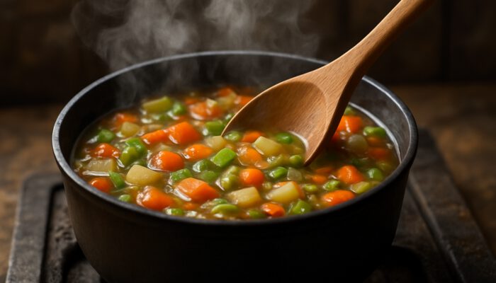 Wooden spoon stirring steaming vegetable soup in pot on rustic stove