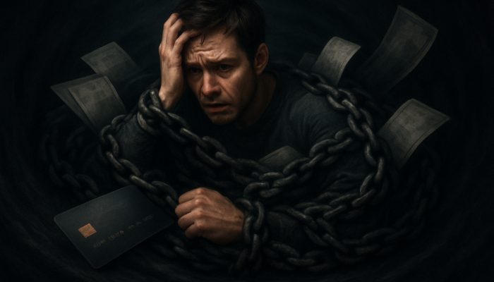 Stressed person entangled in unpaid bills sinking into dark debt vortex from missed BNPL payments