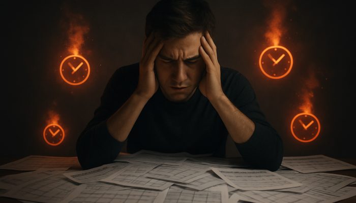 Stressed young adult buried under overlapping BNPL statements with expiring interest-free clocks in dim light