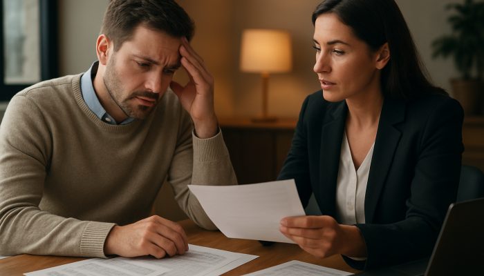 Combining Debts From Gambling Expenses: UK Assistance | DCL Individual consulting with a lender about debt consolidation options while reviewing documents in a sleek office