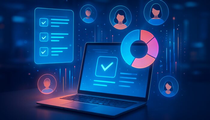 Futuristic workspace displaying holographic surveys, polls, pie charts, and audience insights on a laptop.