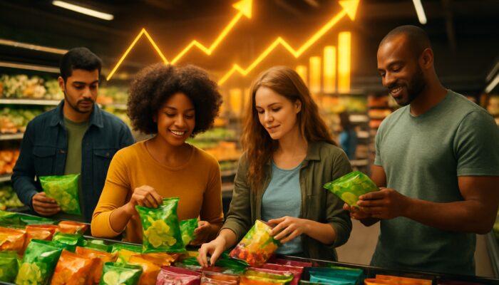 Diverse shoppers selecting plant-based snacks in a vibrant market with glowing upward trend charts overhead.