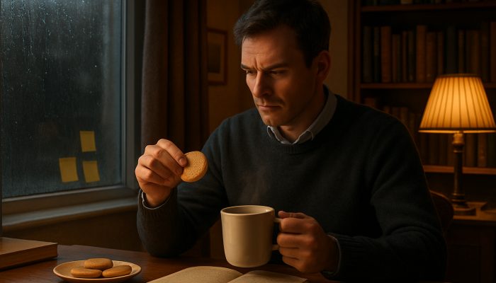 British person rewarding task with tea and biscuits in cozy rainy London study