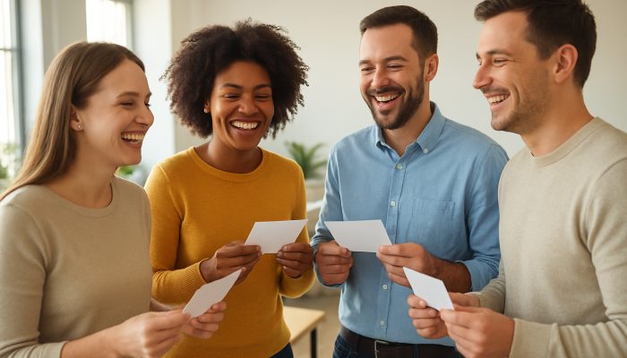 British office colleagues laugh while sharing handwritten thank-you notes during low-cost team-building activity.