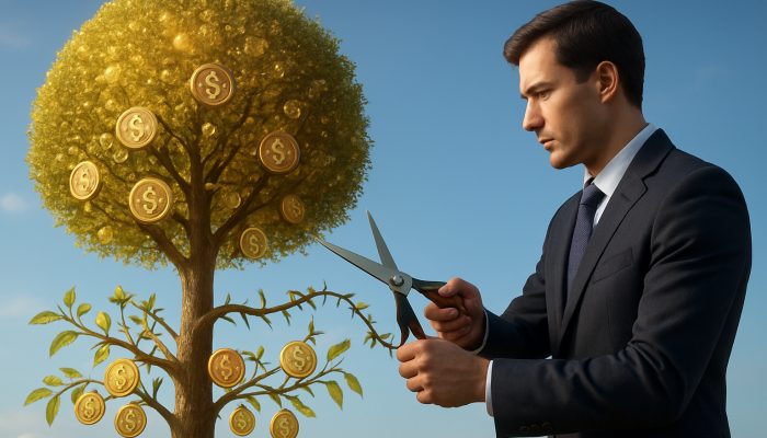 How Fees Change the Real Saving Figure: Impact on UK Savers | DCL Investor pruning fee vines from portfolio tree to reveal lower-cost returns under transparent sky