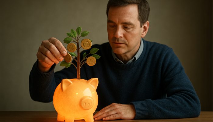 Alternatives to Lending Money You Cannot Spare | DCL British saver deposits coins into glowing piggy bank blooming into protective money tree for emergency fund growth