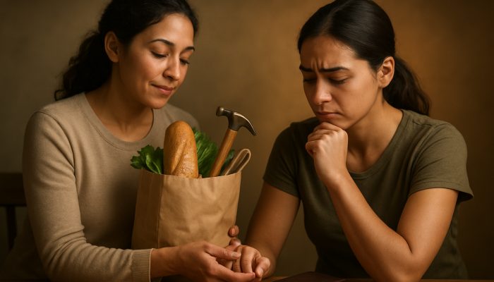 Alternatives to Lending Money You Cannot Spare | DCL Person offering groceries and advice to friend, closed wallet nearby, symbolizing financial boundaries