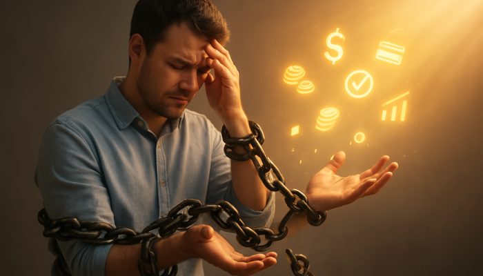 Person breaking free from debt chains via glowing benefits and grants