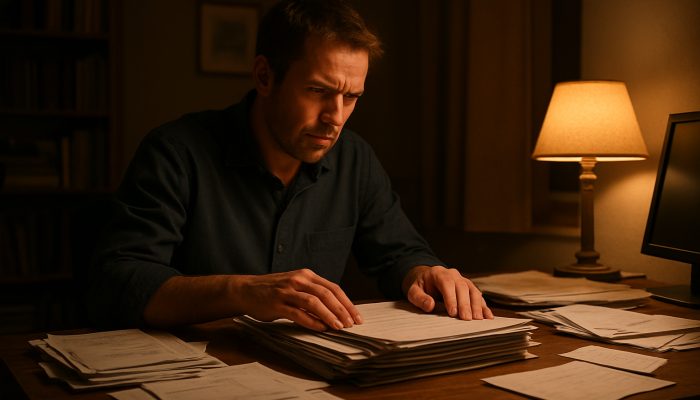 Debt Options for Sole Traders With Low Income | DCL Sole trader sorting tax returns and bank statements at cluttered UK home office desk.