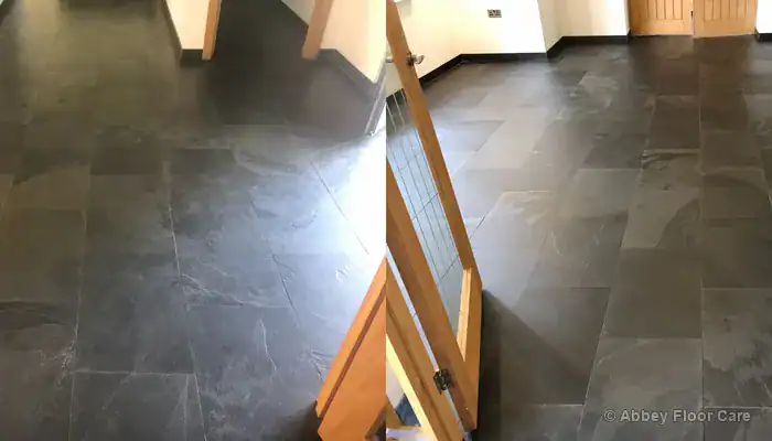 slate floor before cleaning and after cleaning