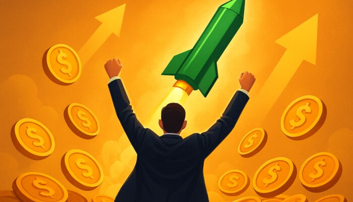 Triumphant trader observes a massive green candlestick surge amid golden coins and upward arrows for the largest winning trade