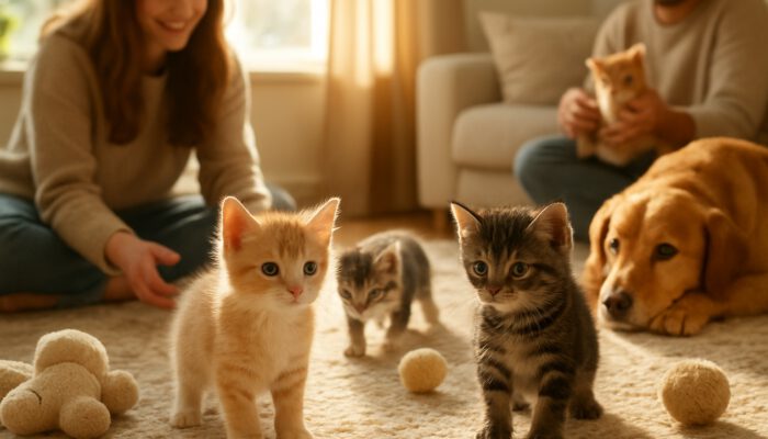 Adorable kittens exploring a sunlit, cosy room filled with toys, textures, people, and pets.