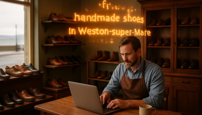 Charming shoe shop in Weston-super-Mare with shopkeeper analysing effective long-tail keywords on a laptop