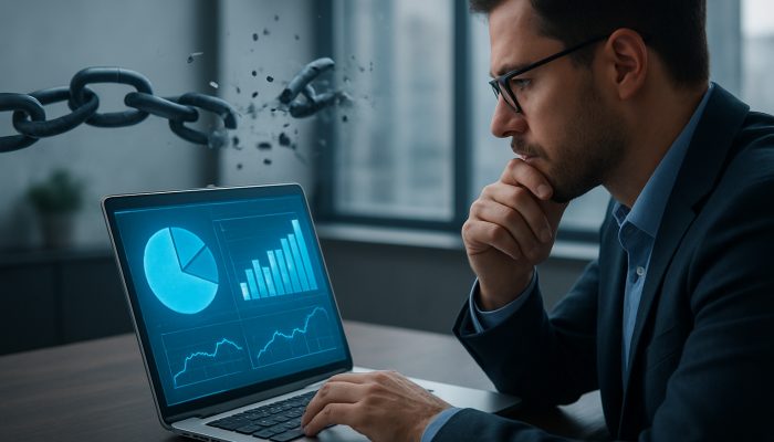 Individual examining a holographic credit report on a laptop with shattered debt chains in a modern office