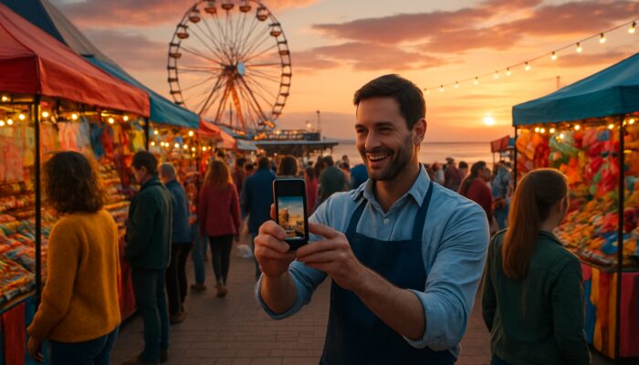 Lively Weston-super-Mare Carnival at sunset featuring locals at vibrant market stalls and café owner on Instagram