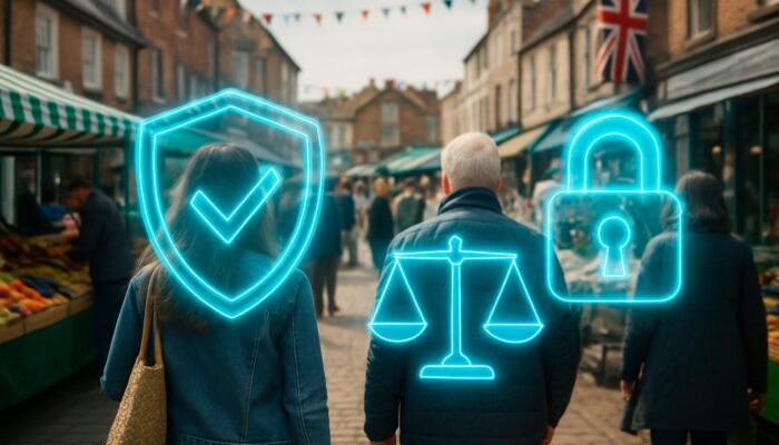 Vibrant Ivybridge marketplace with glowing digital shields and scales symbolising GDPR compliance and consumer trust.