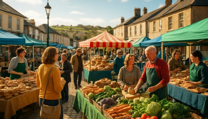 Vibrant Ivybridge market square with local UK vendors selling premium British goods to customers.