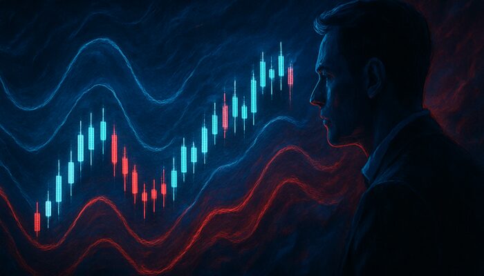 Trader analysing a dynamic candlestick chart featuring ATR volatility bands amid turbulent markets