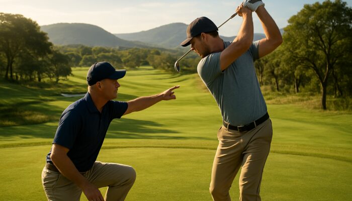 Pro golf instructor coaching mid-swing on Sabie Country Club's sunlit fairway amid rolling hills.