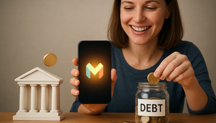 Cutting Costs to Free Money for Repayments: Proven Methods | DCL Smiling person switches to glowing Monzo app, redirecting saved coins into debt repayment jar