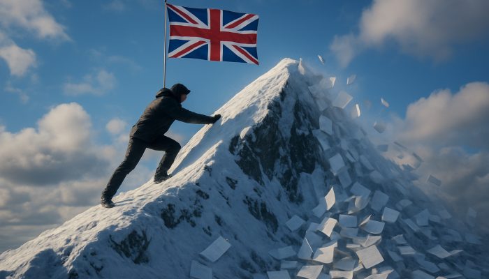 Using Avalanche With Existing Credit Lines: Top Tips | DCL Determined climber toppling high-interest debt peak, triggering avalanche of repaid bills under British flag sky.