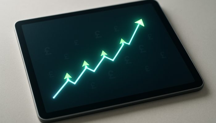 Upward-trending UK credit score graph on a tablet with glowing green arrows and pound symbols