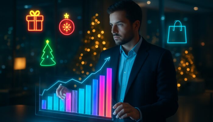 Marketer analyses holographic holiday sales charts with Christmas decor and Black Friday icons in futuristic office