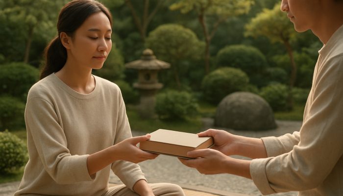 Building a Calmer Relationship With Borrowing | DCL Serene friends exchanging a book in a sunlit zen garden with soft pastel tones.