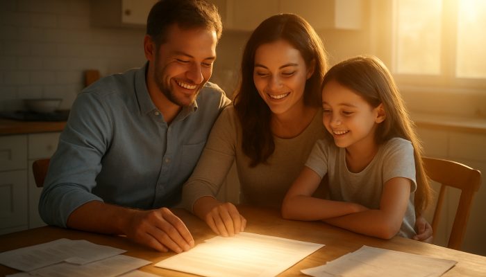 Building a Calmer Relationship With Borrowing | DCL Relieved family reviews refinanced mortgage papers at sunny kitchen table, symbolizing debt relief