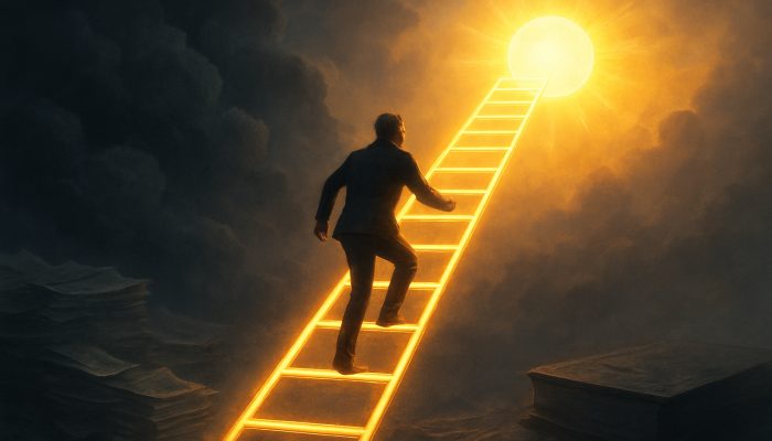 When a Loan Beats Shifting to Another Card: Smart Choices | DCL Individual climbing a glowing ladder of paid bills towards a radiant credit score, leaving behind clouds of debt.