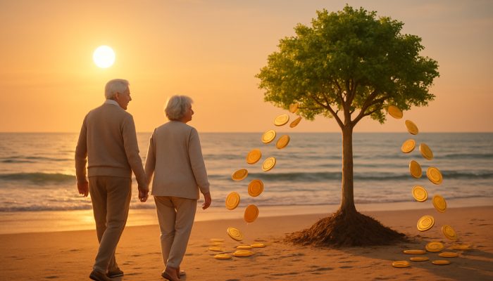 Options When NEAR or in Retirement: Expert Tips | DCL Elderly couple strolling sunset beach as golden coins from pensions grow into retirement tree.