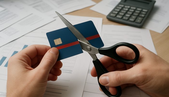 Hands cutting shared credit card with scissors amid financial papers on desk.