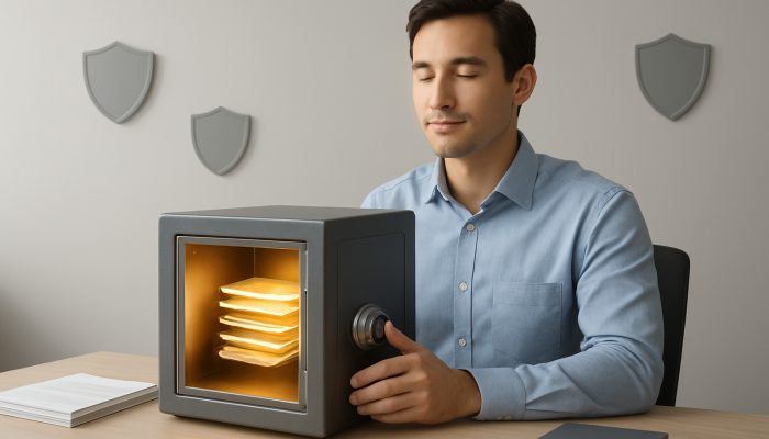 Person sealing glowing vault of unused credit cards with shields in minimalist office for financial security.