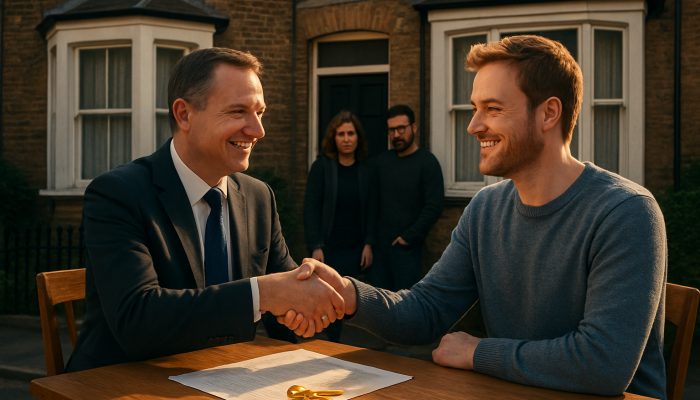 British banker approving mortgage for a smiling homeowner outside a UK terraced house, holding golden keys