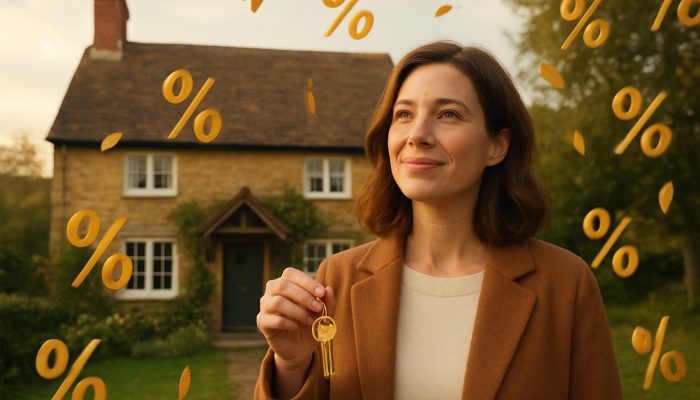 UK homeowner with cottage keys as golden interest rates fall, symbolising mortgage savings and financial freedom.