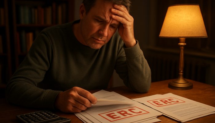 When a Remortgage Could Still Make Sense: Key Considerations | DCL Stressed homeowner reviewing ERC fees on mortgage contracts with calculator in cluttered study