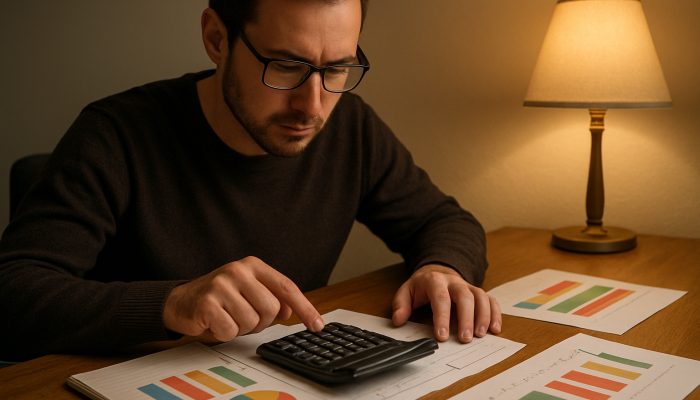 Essential Steps to Consider When Managing Debts | DCL Individual analysing UK income charts and debt repayment budget with calculator at desk