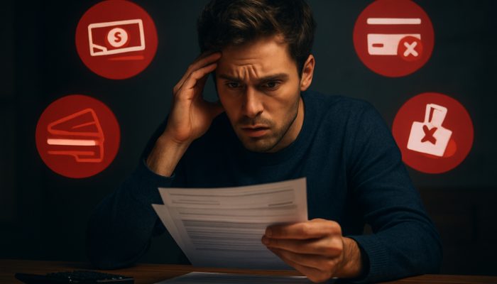 Worried person reviews bank statements amid red icons warning of overdrafts and maxed credit cards.