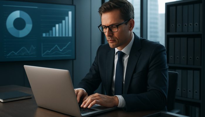 British executive updating client contacts on laptop with digital charts in sleek London office