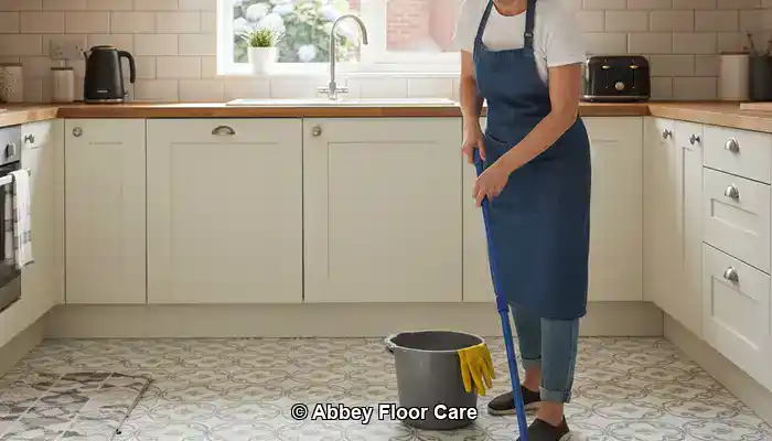 Ceramic tile floor being deep cleaned to remove ingrained dirt from grout