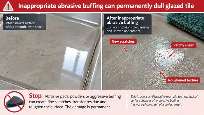 Abrasive pad scratches and dulls glazed ceramic tile