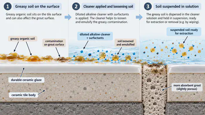 Diagram showing alkaline cleaner lifting greasy soil from ceramic tiles