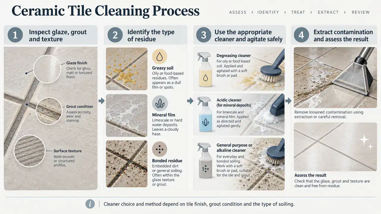 Ceramic floor tiles with visibly darkened grout joints